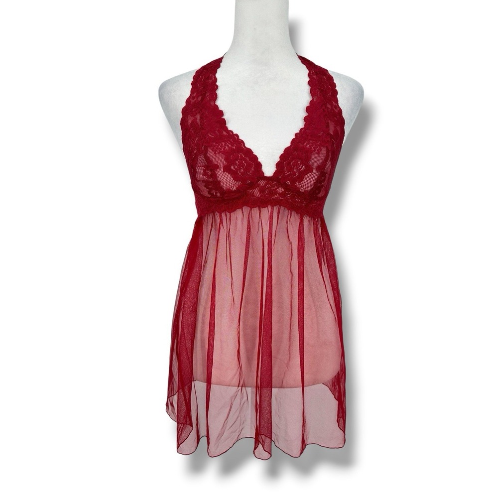 Y2K Victoria's Secret Red Mesh Lace Halter Babydoll Chemise XS Coquette Romantic